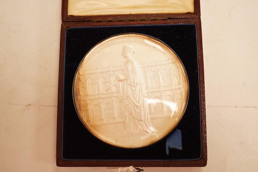Victoria medals, Opening of the New Royal Exchange, 1844, a rare silver medal by W. Wyon, bust of Thomas Gresham left, rev. statue of Victoria in front of elevation of the Exchange, 73mm, BHM 2185, each side under convex